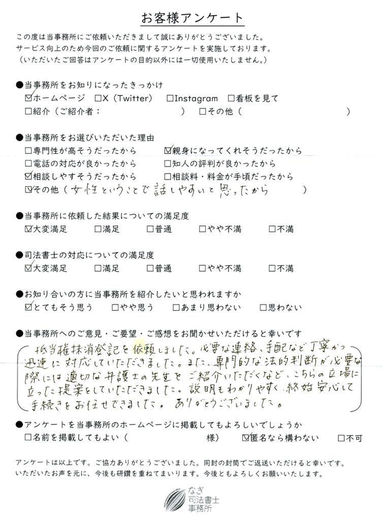 抵当権抹消登記アンケート（東京都三鷹市匿名様）